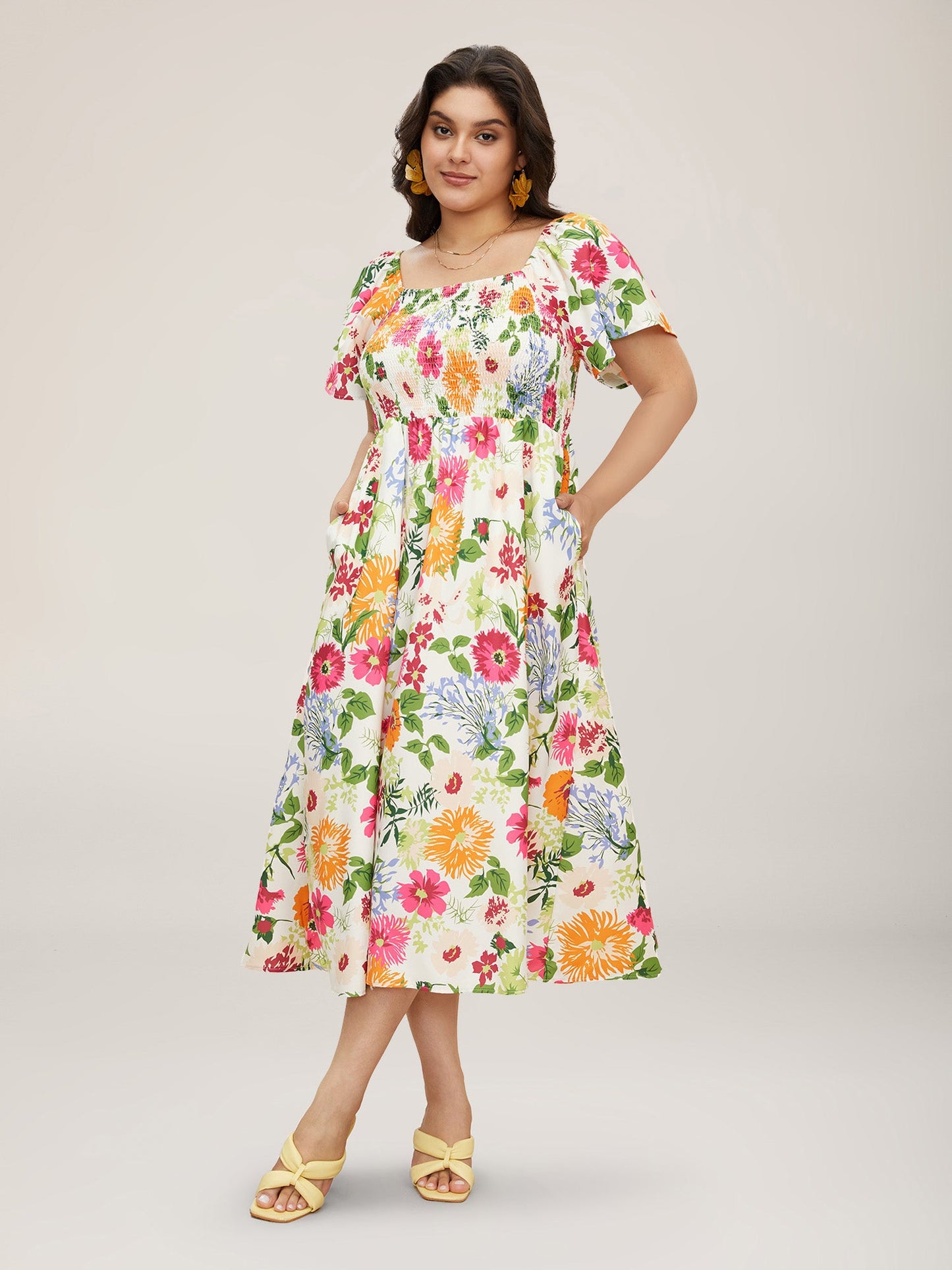 Floral Shirred Square Neck Pocket Midi Dress