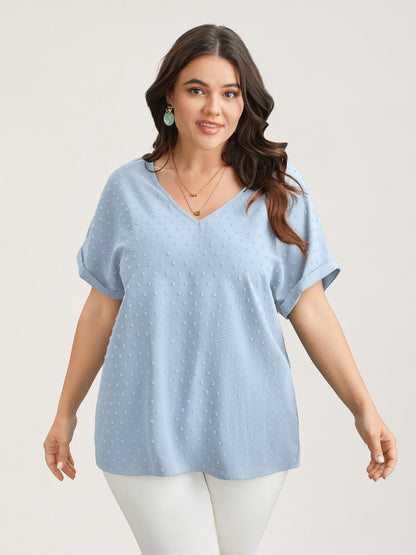 Back-Button Textured V-Neck Shirt