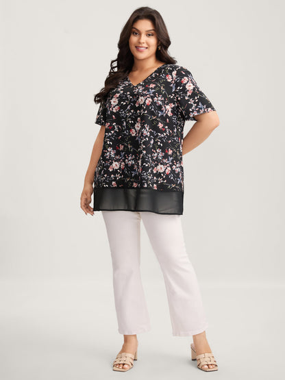 Garden Print Spliced V-Neck Blouse
