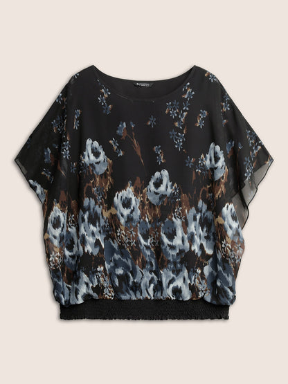 Pixel Flower Shirred Batwing Sleeve Blouse