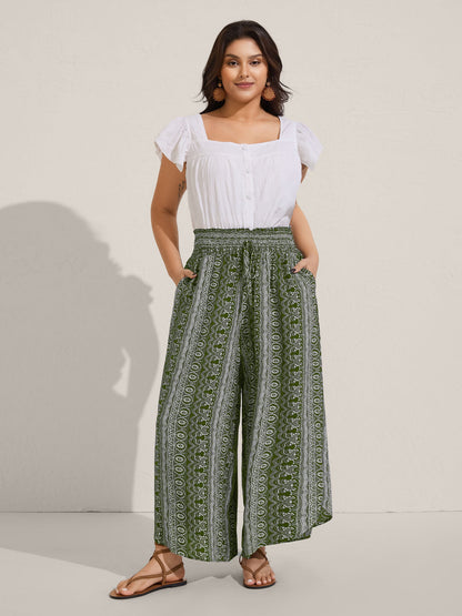 Boho Print Shirred Waist Wide-Leg Pants