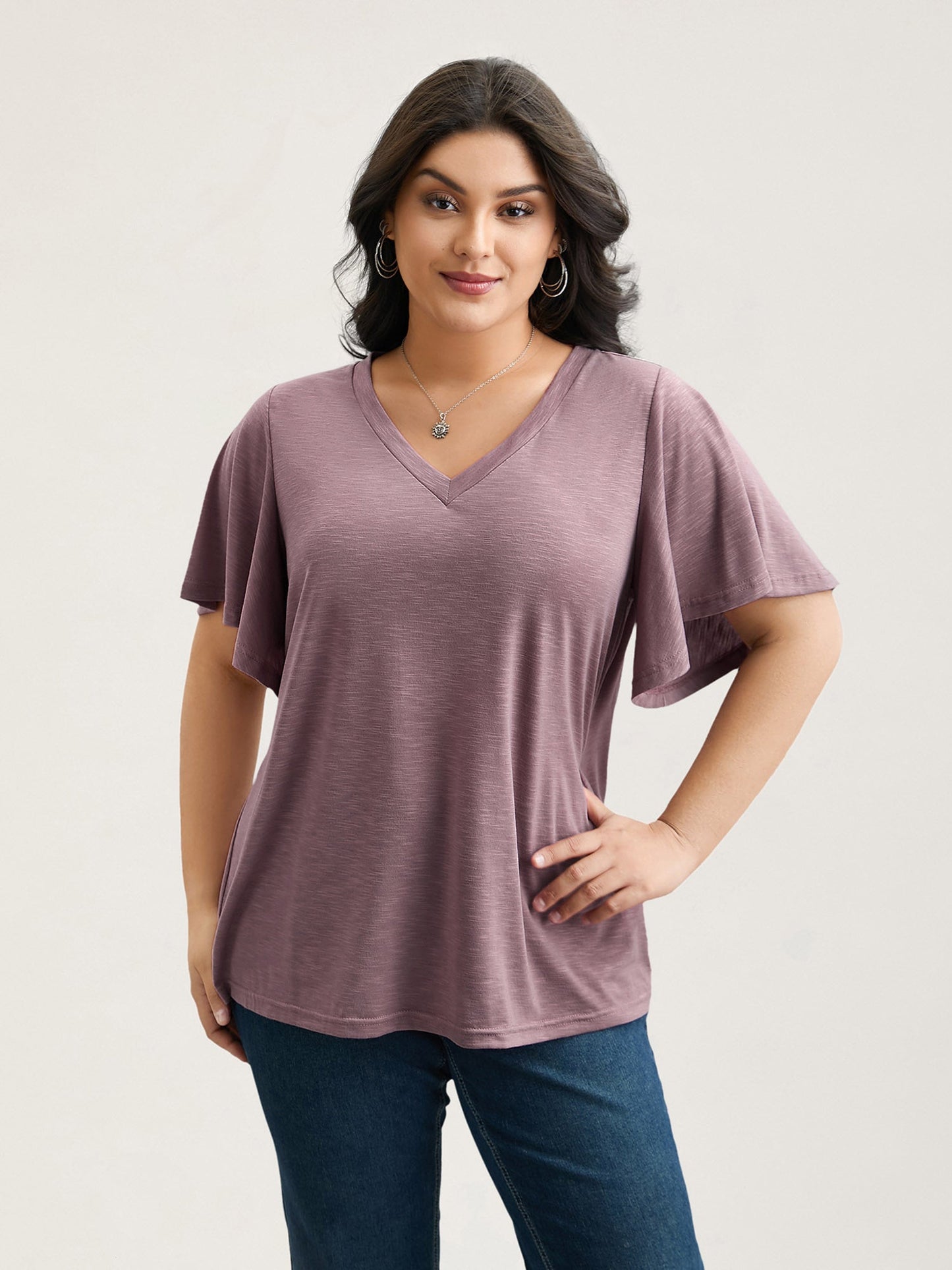 V-Neck Stretchy Flared Sleeve T-Shirt