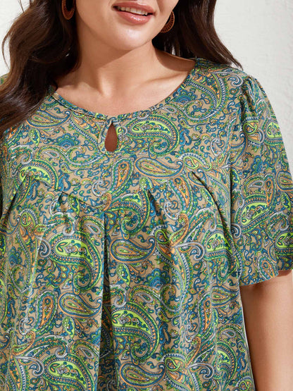 Paisley Print Neck Cut-Out Pleated Top