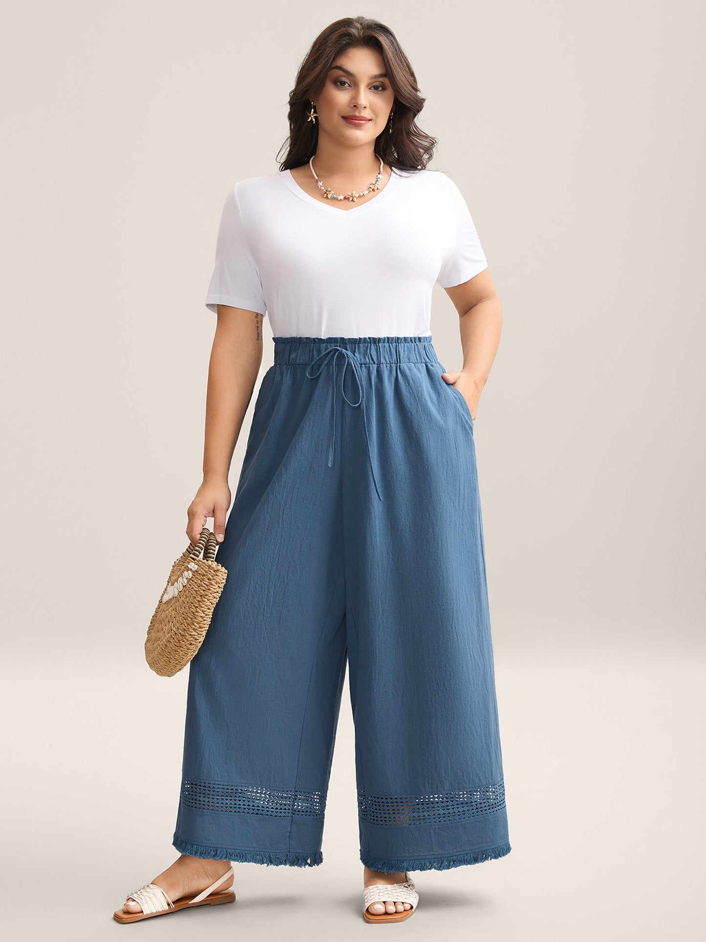 Cotton Waist-Tie Lace Wide-Leg Pants