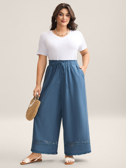 Cotton Waist-Tie Lace Wide-Leg Pants