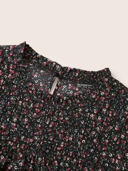 Ditsy Floral Plicated Detail Frill Trim Blouse