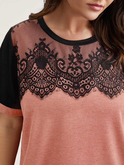 Stretchy Scalloped Lace Color Contrast T-Shirt