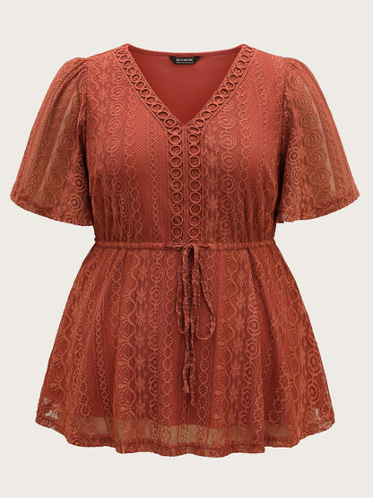 V Neck Lace Panel Drawstring Blouse