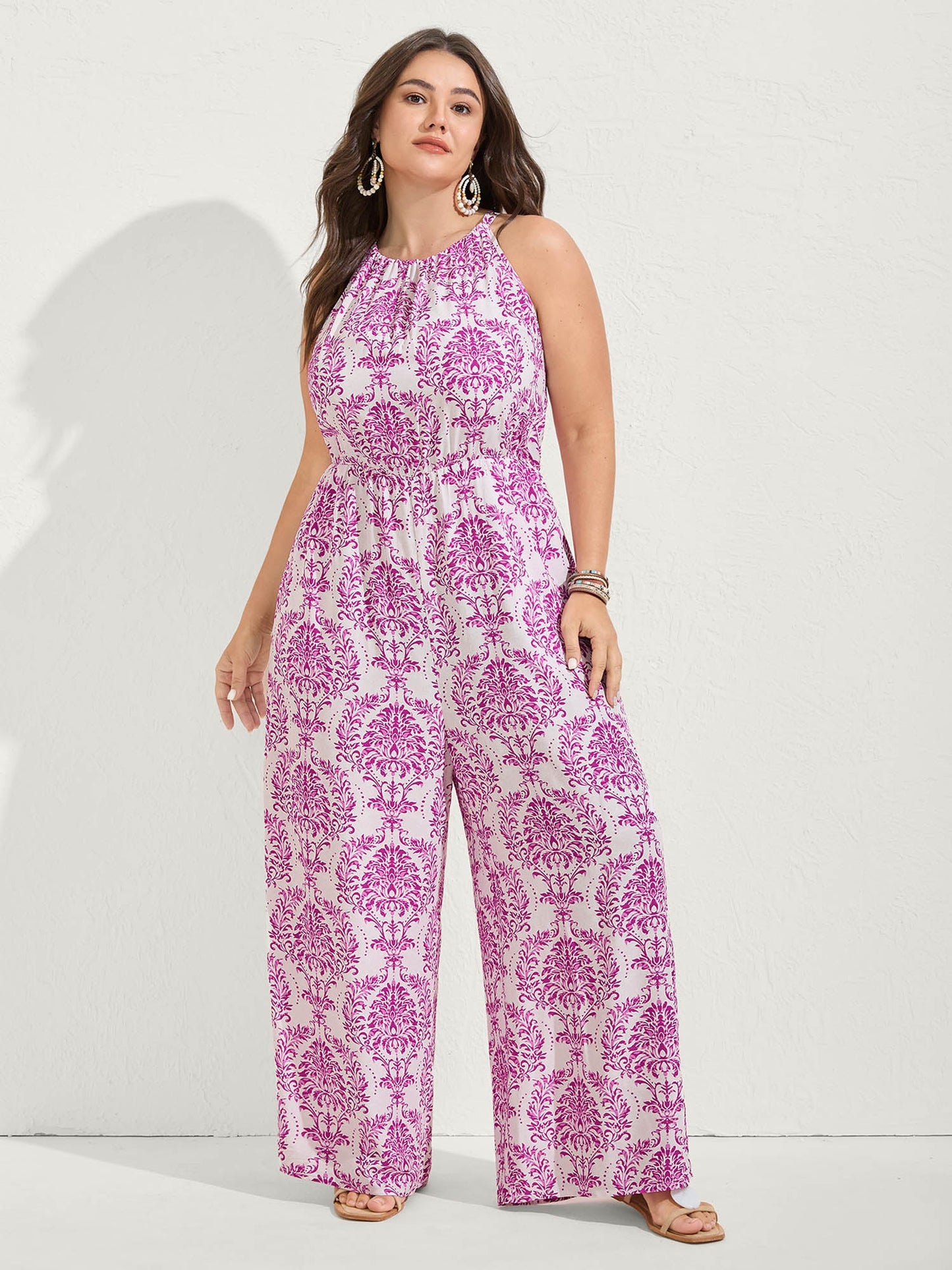 Rayon Damask Print Stretchy Waist Jumpsuit