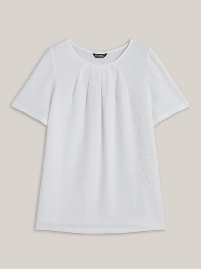 Stretchy Textured Pleated Round Neck T-Shirt