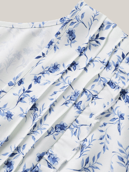 Floral Pleated Elastic Waist Ruffle Sleeve Blouse