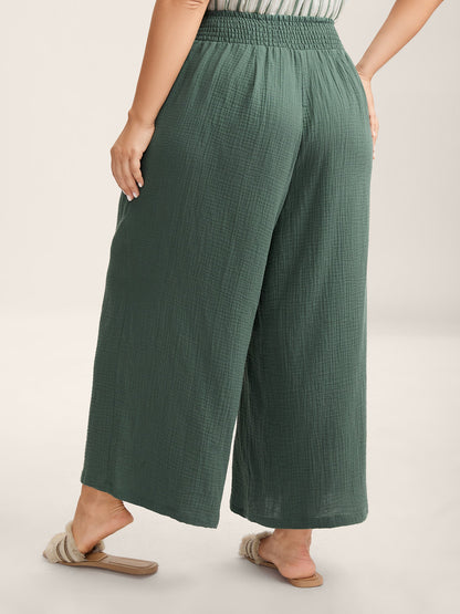 Cotton Shirred Textured Wide-Leg Pants