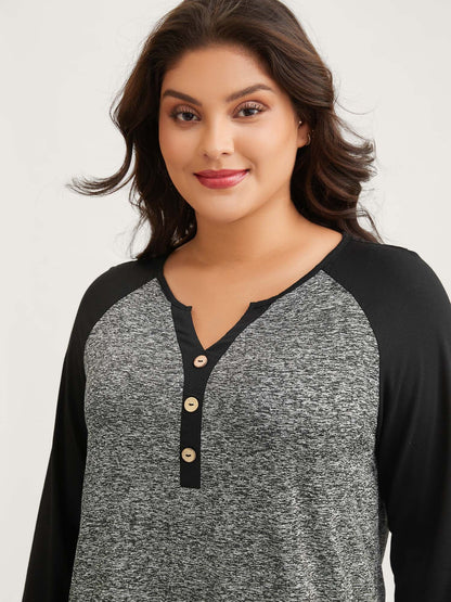 Heather Patchwork Button Detail Stretchy T-Shirt