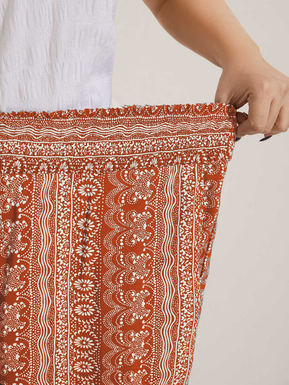 Boho Print Shirred Waist Wide-Leg Pants