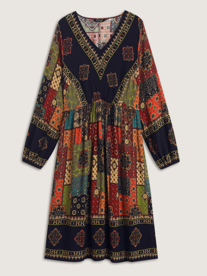 Retro Colorful Print V-Neck Midi Dress