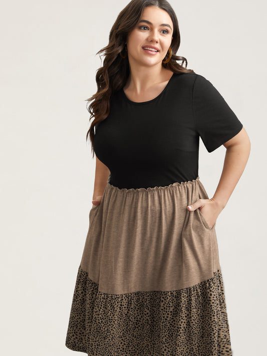 Leopard Print Color-Block Pockets Midi Dress