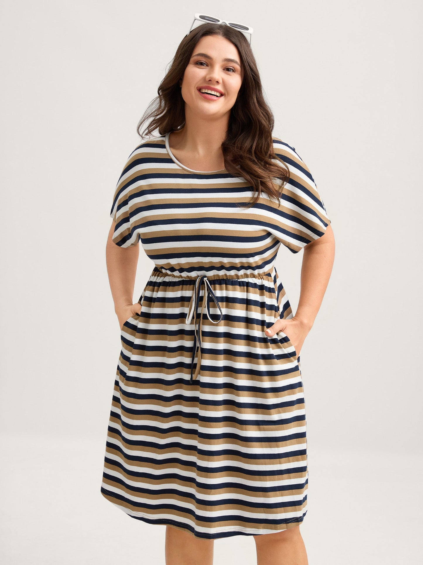 Pure Cotton Striped Waist-Tie Midi Dress