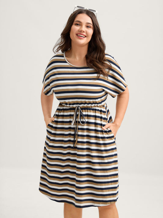 Pure Cotton Striped Waist-Tie Midi Dress