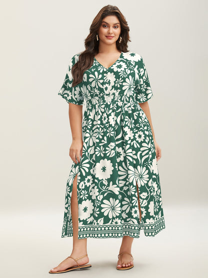 Large Floral Print Pockets Midi Dress