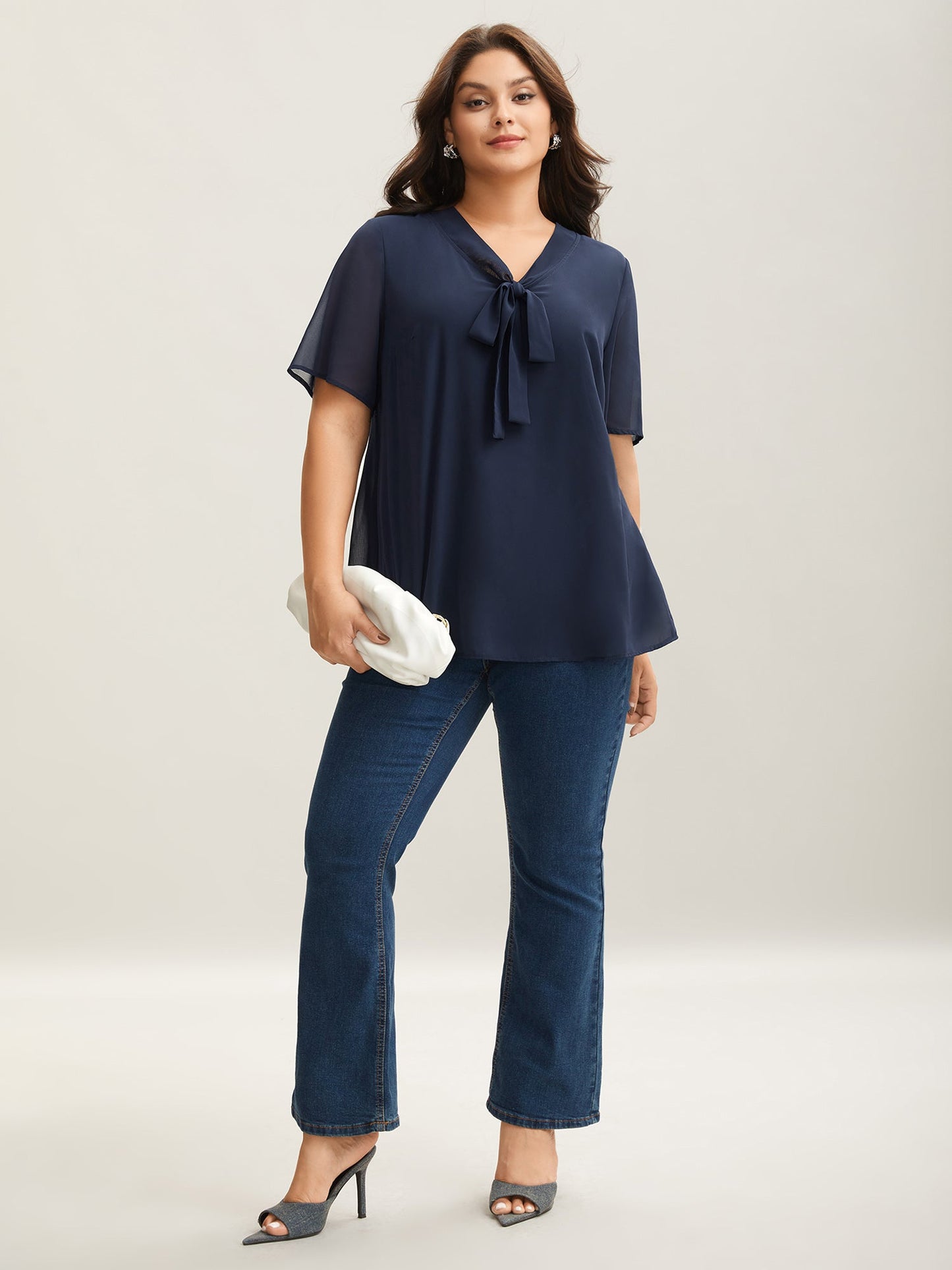 Ribbon Collar Placket Lined Blouse