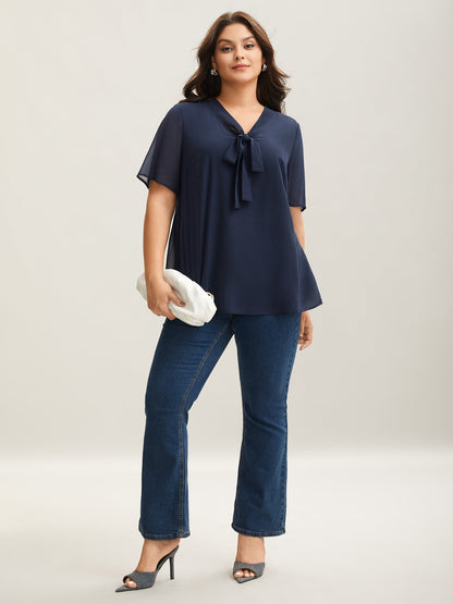 Ribbon Collar Placket Lined Blouse