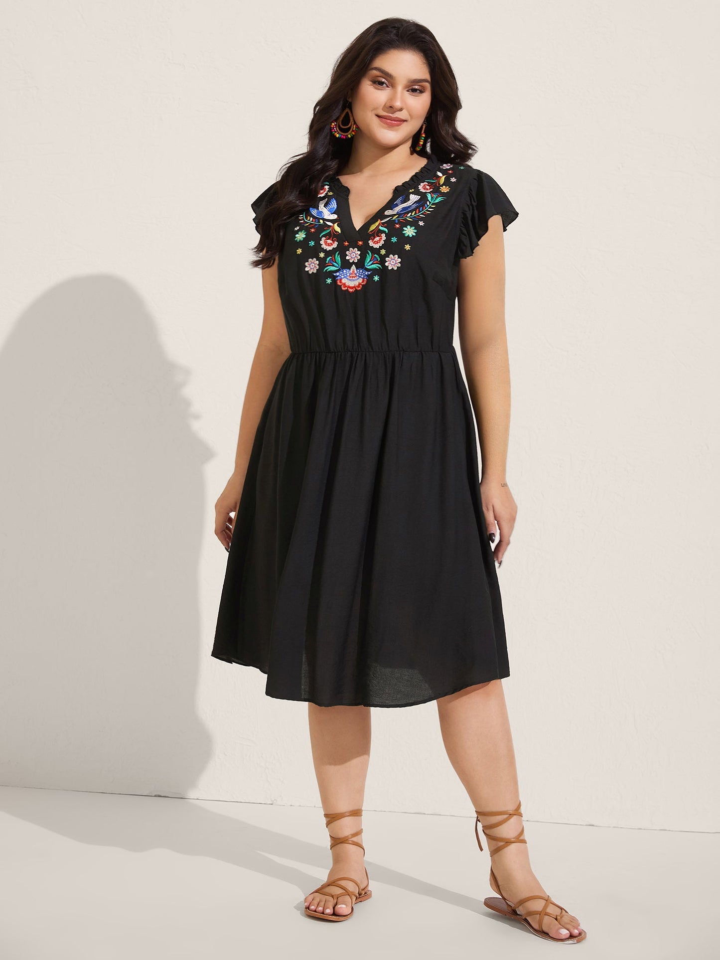 Floral Embroidered Notched Collar Midi Dress