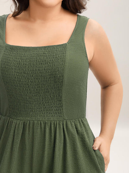 Shirred Pockets Wide-Leg Plain Jumpsuit