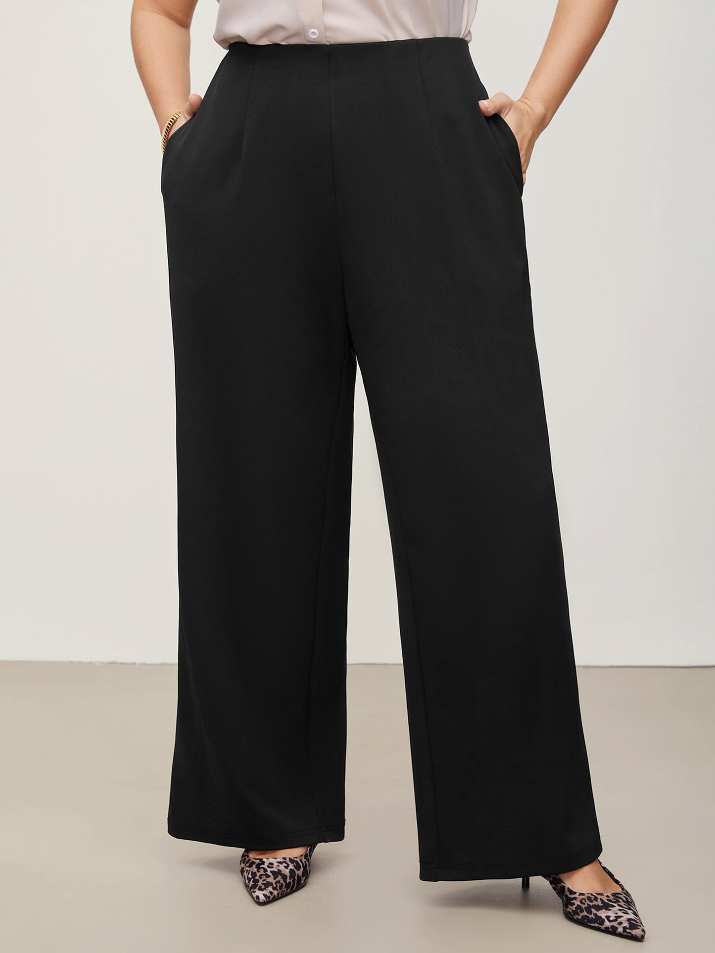 Solid Elastic Waist Pleated Wide Leg Pants