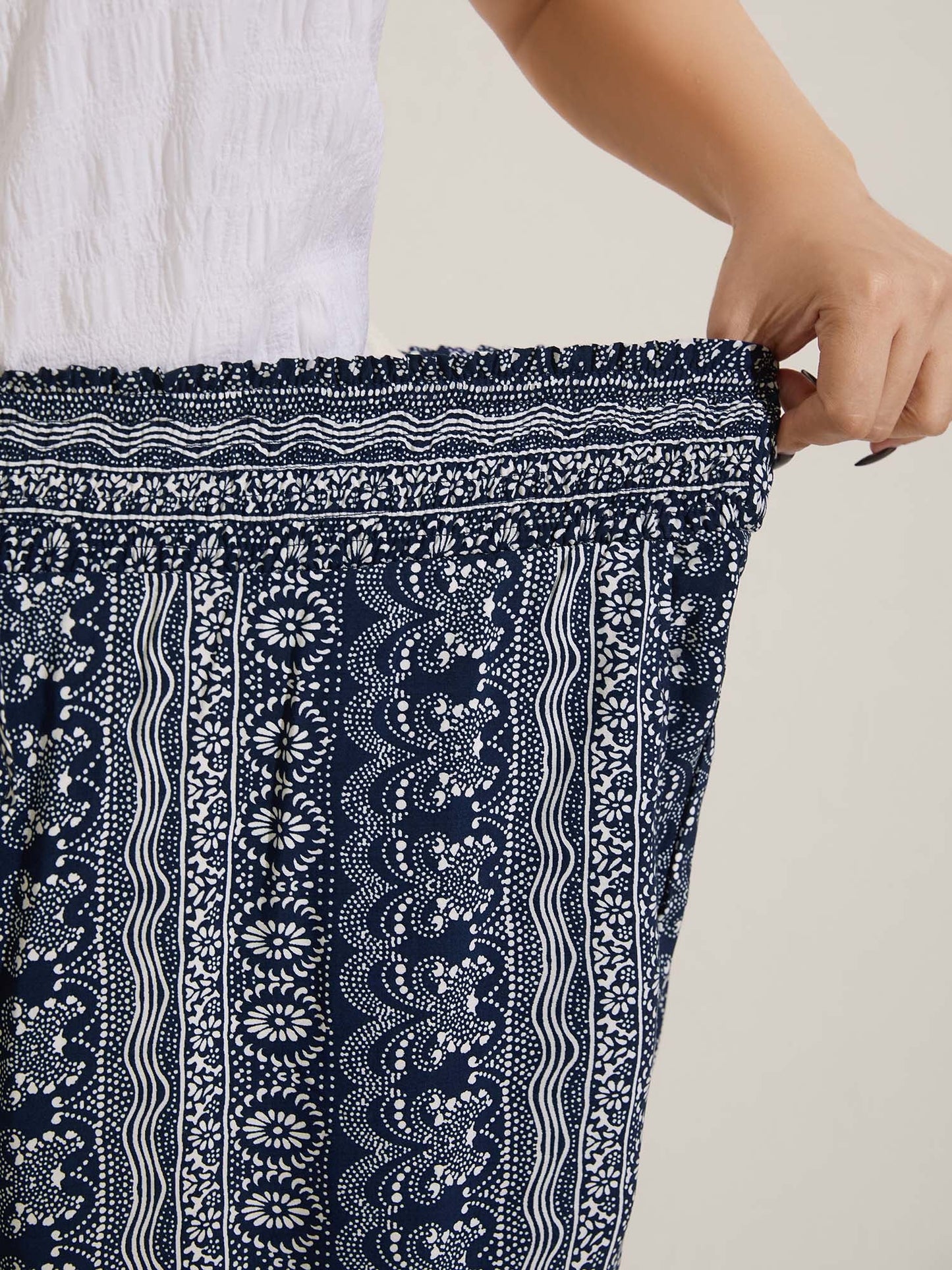 Boho Print Shirred Waist Wide-Leg Pants