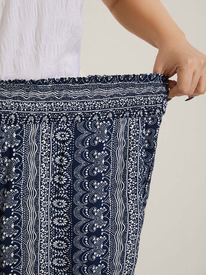Boho Print Shirred Waist Wide-Leg Pants
