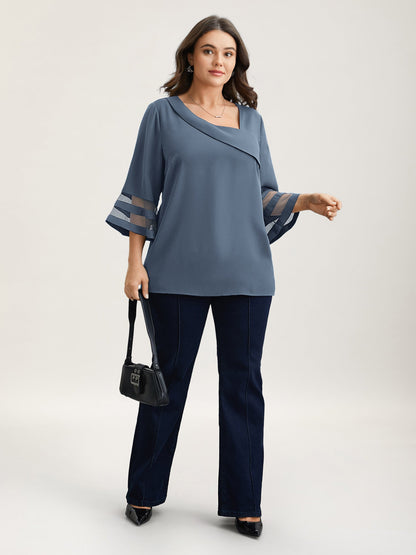 Sheer Sleeve Patchwork Asymmetrical Neckline Blouse