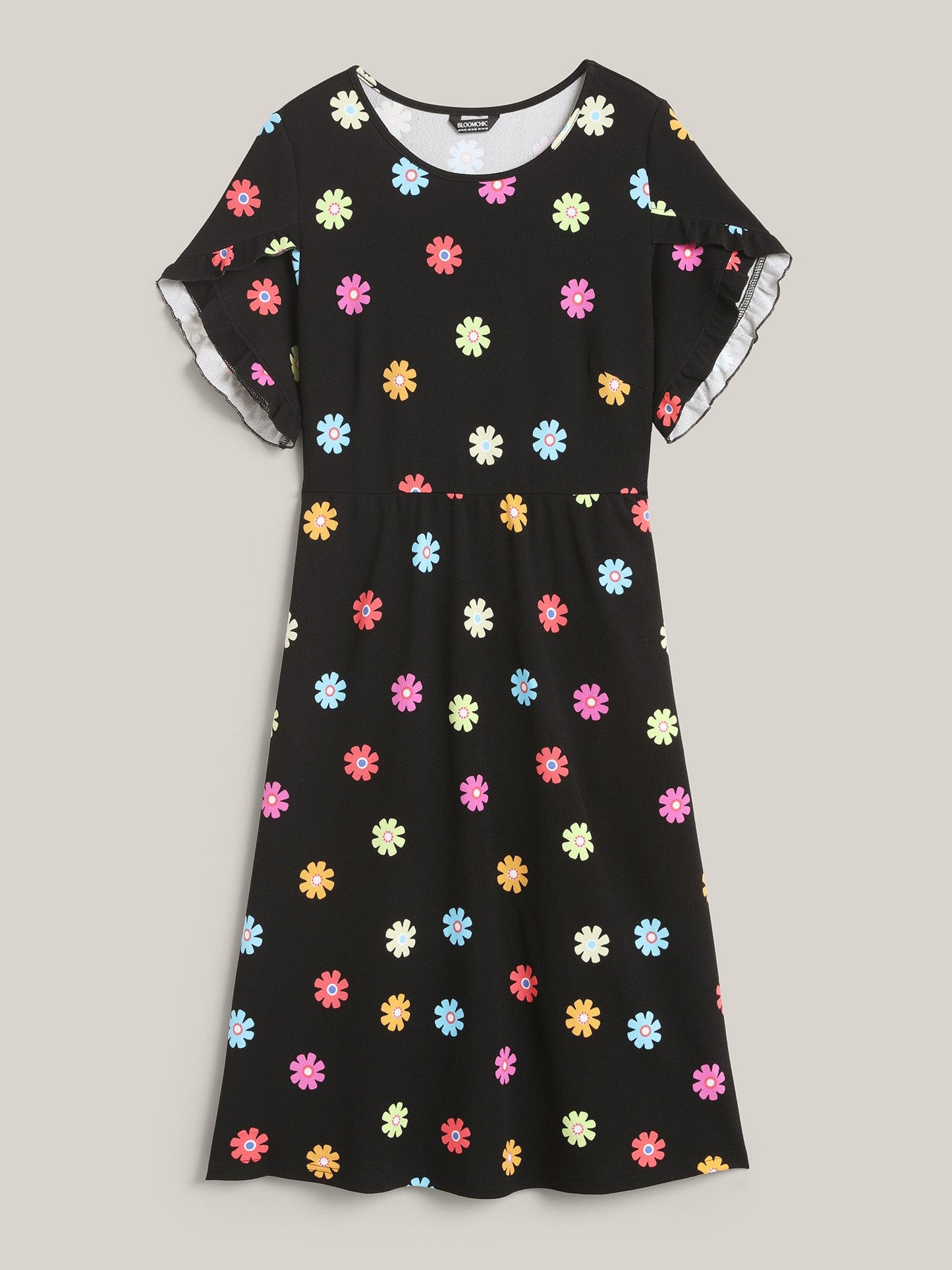 Stretchy-Waist Floral Print Pockets Midi Dress