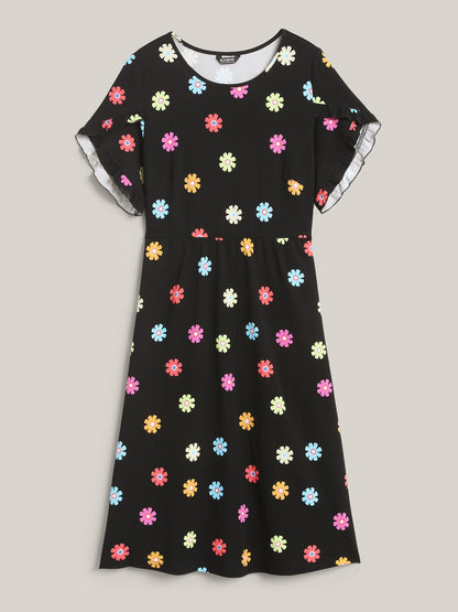 Stretchy-Waist Floral Print Pockets Midi Dress