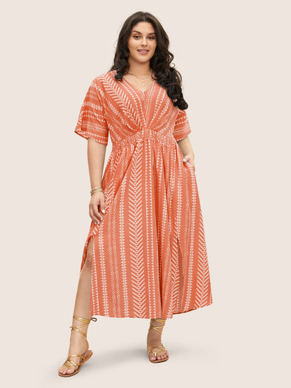 Solid Geometric Dolman Sleeve Pocket Shirred Split Hem Dress