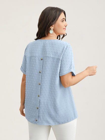 Back-Button Textured V-Neck Shirt