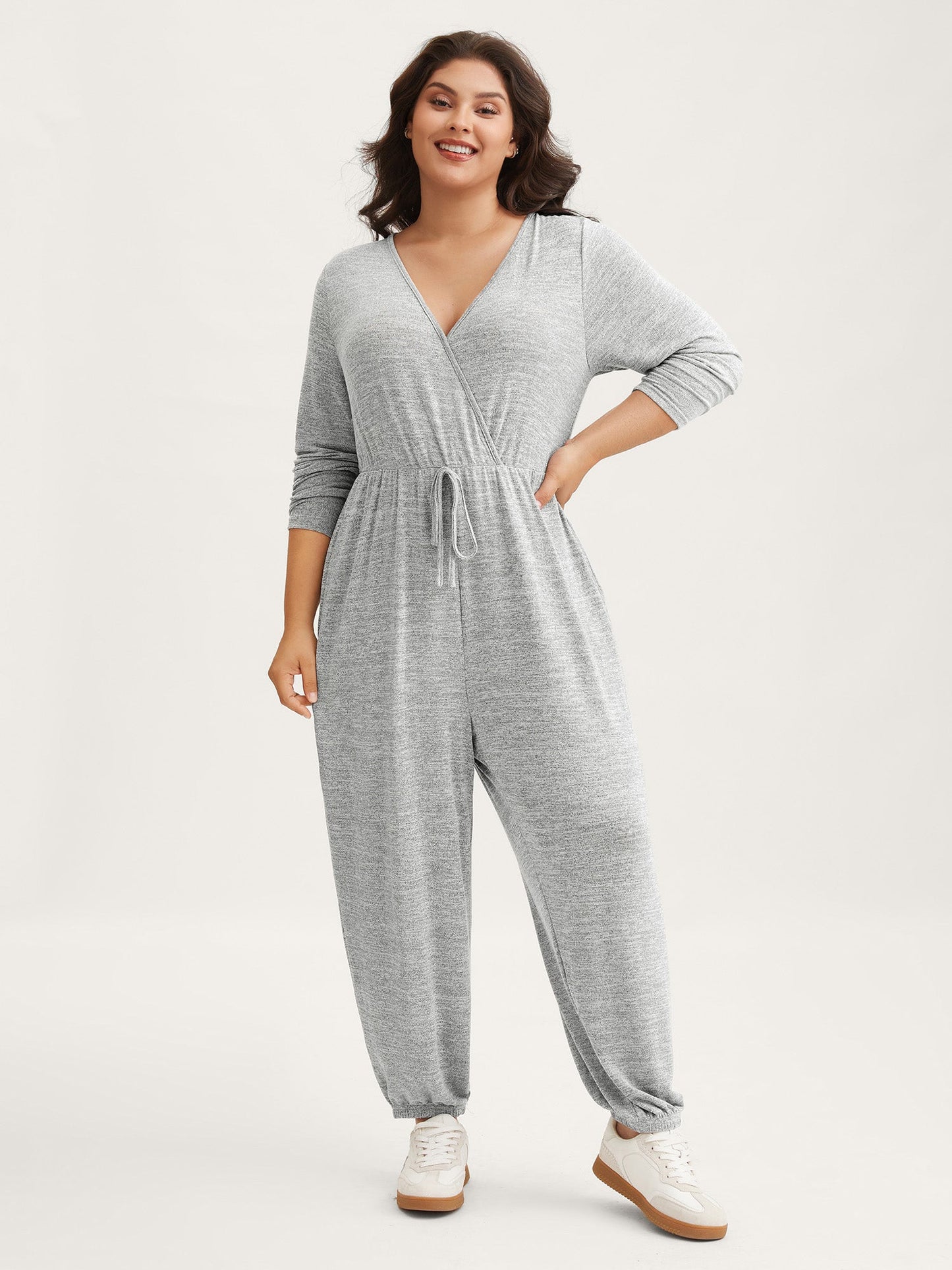 Elastic Waist Overlap Collar Lounge Jumpsuit