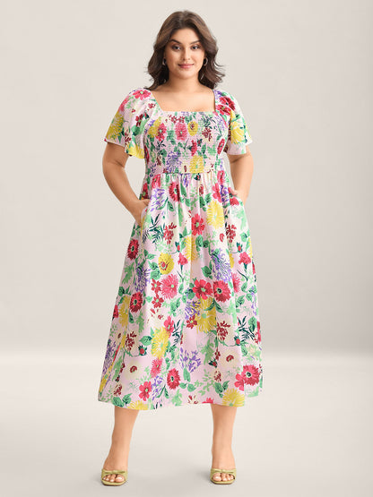 Floral Shirred Square Neck Pocket Midi Dress