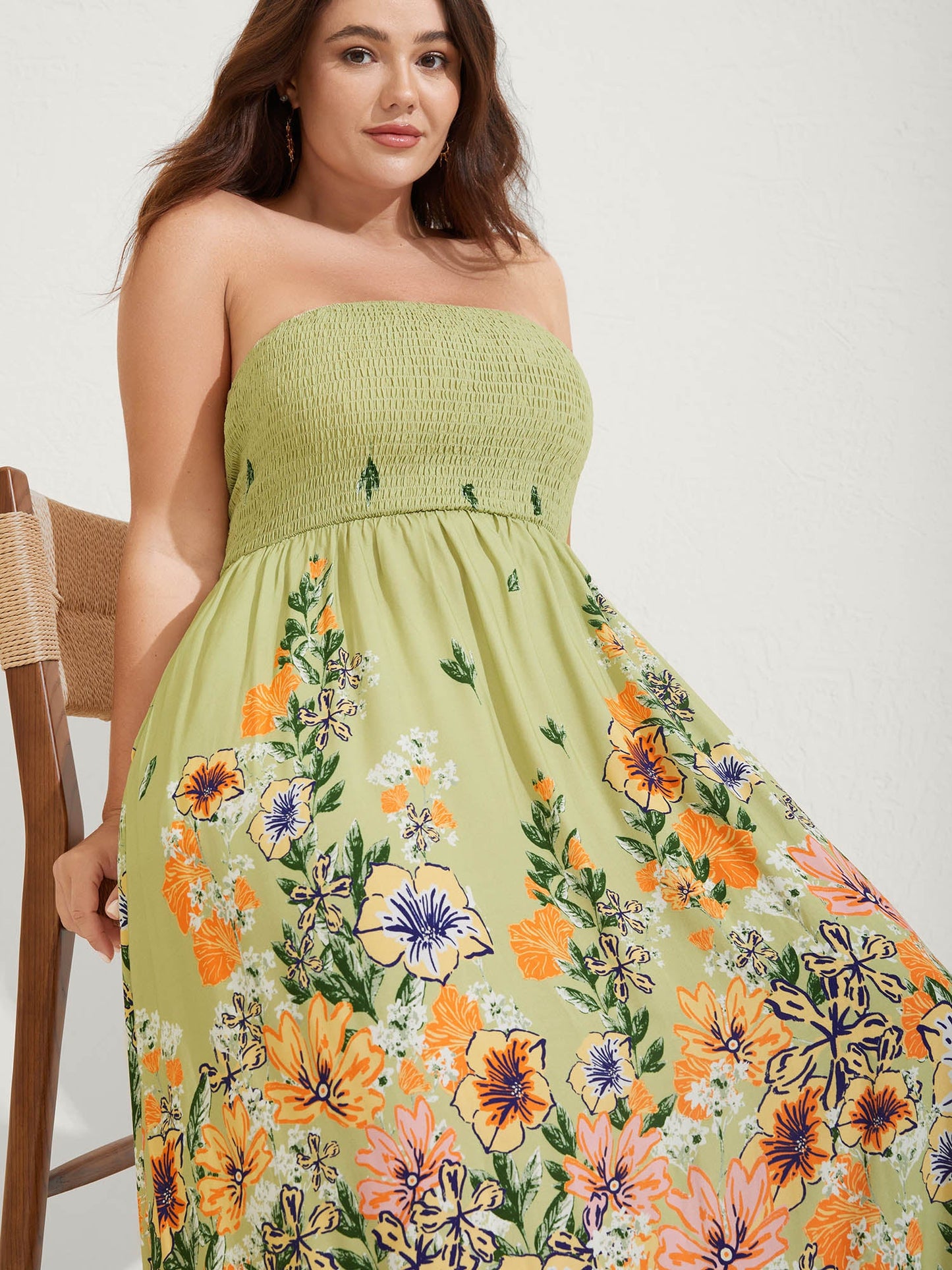 Shirred Off-Sleeve Floral Print Maxi Dress