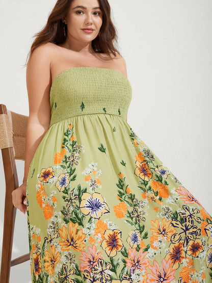 Shirred Off-Sleeve Floral Print Maxi Dress