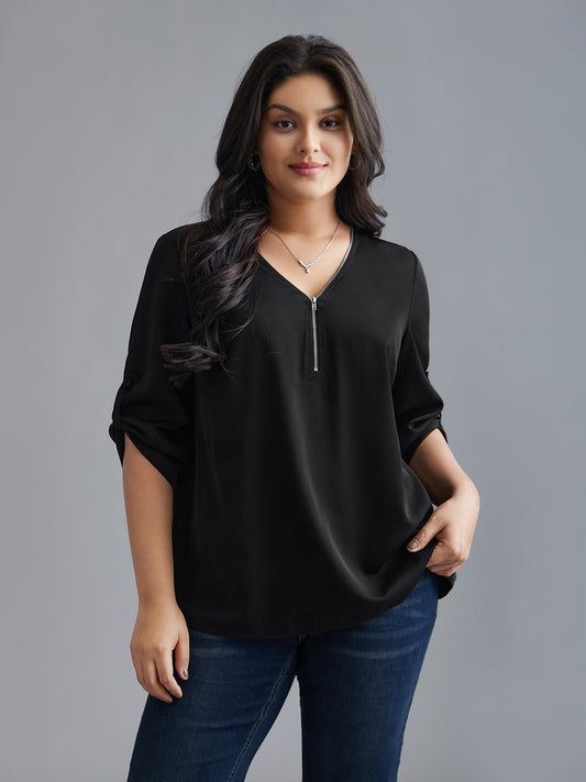 Plain V Neck Half Zip Tab Sleeve Blouse
