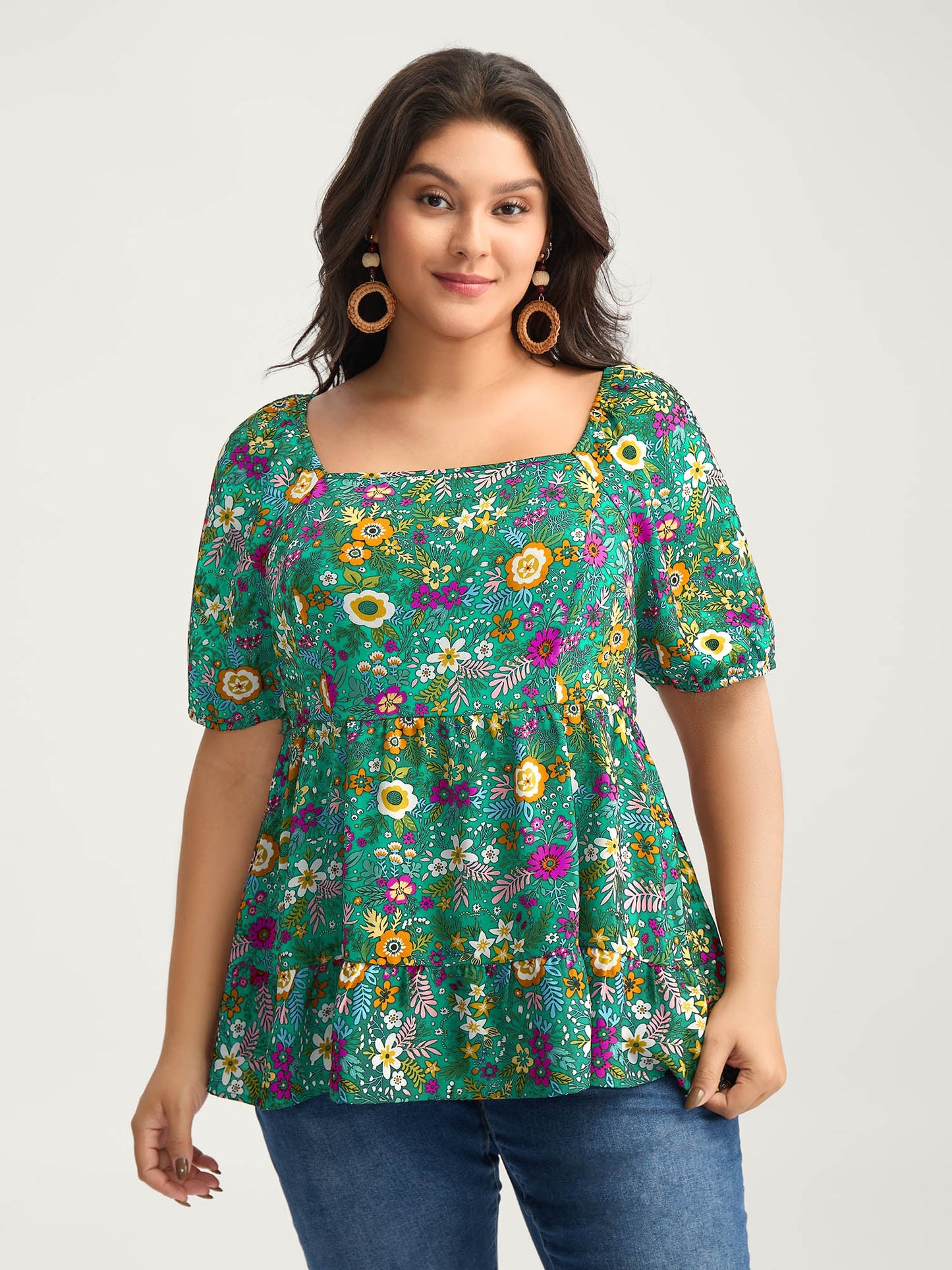 Floral Square Neck Fit and Flare Blouse