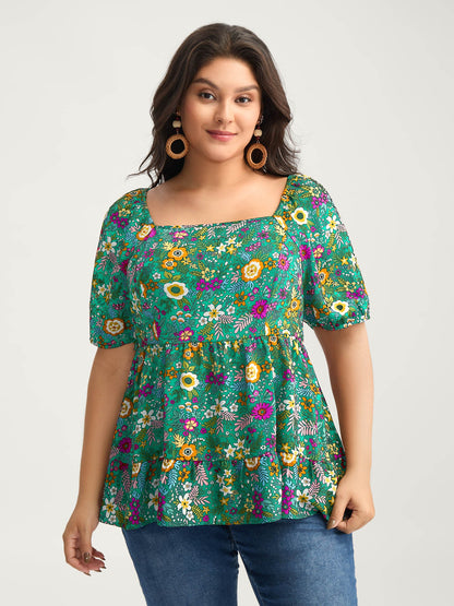 Floral Square Neck Fit and Flare Blouse