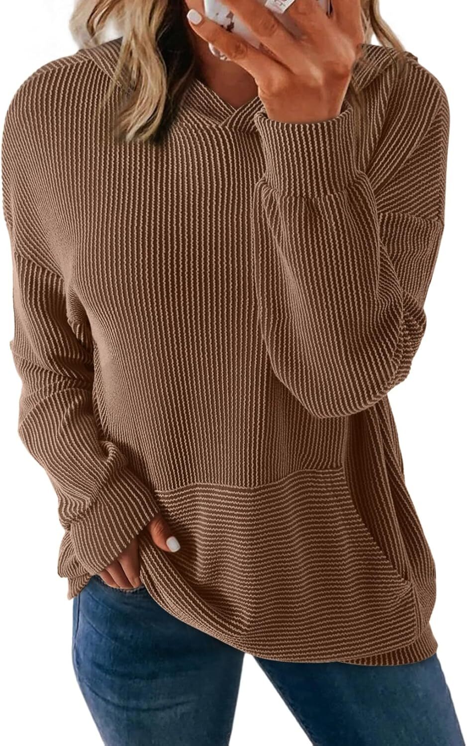 Women's Pullover Hoodies Sweatshirts Casual Loose Long Sleeve Ribbed Knit Shirts