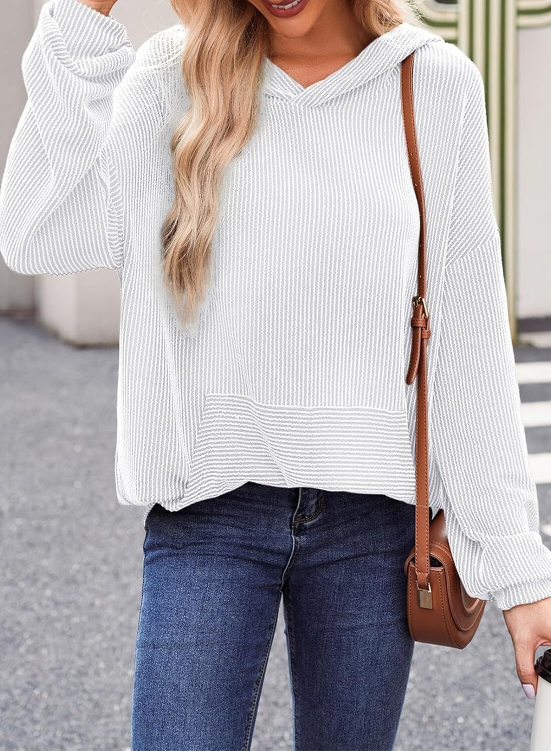 Women's Pullover Hoodies Sweatshirts Casual Loose Long Sleeve Ribbed Knit Shirts