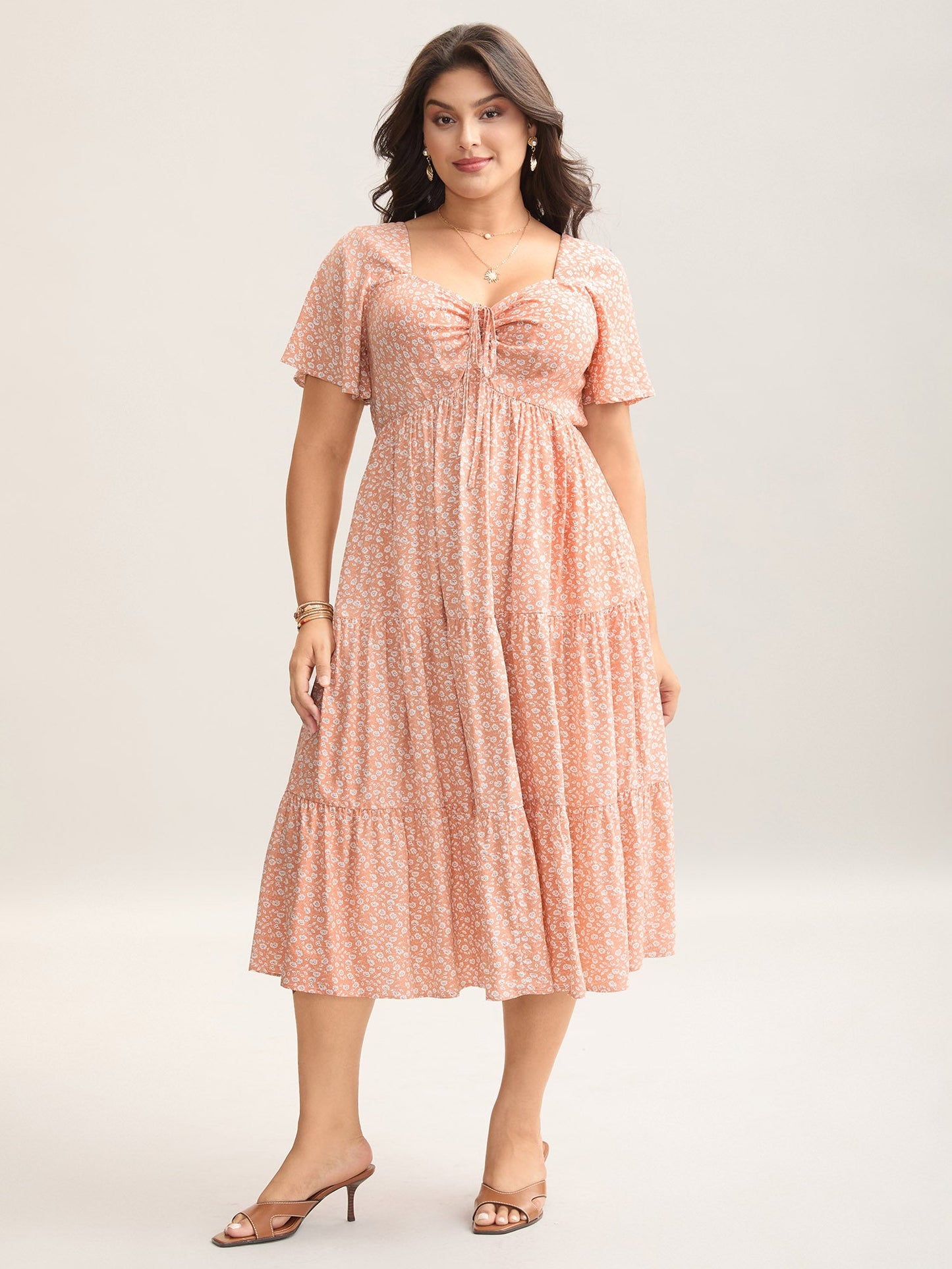 Ditsy Floral Sweetheart Drawstring Pocket Tiered Dress