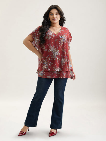 Floral Print Petal Sleeve Layered Blouse