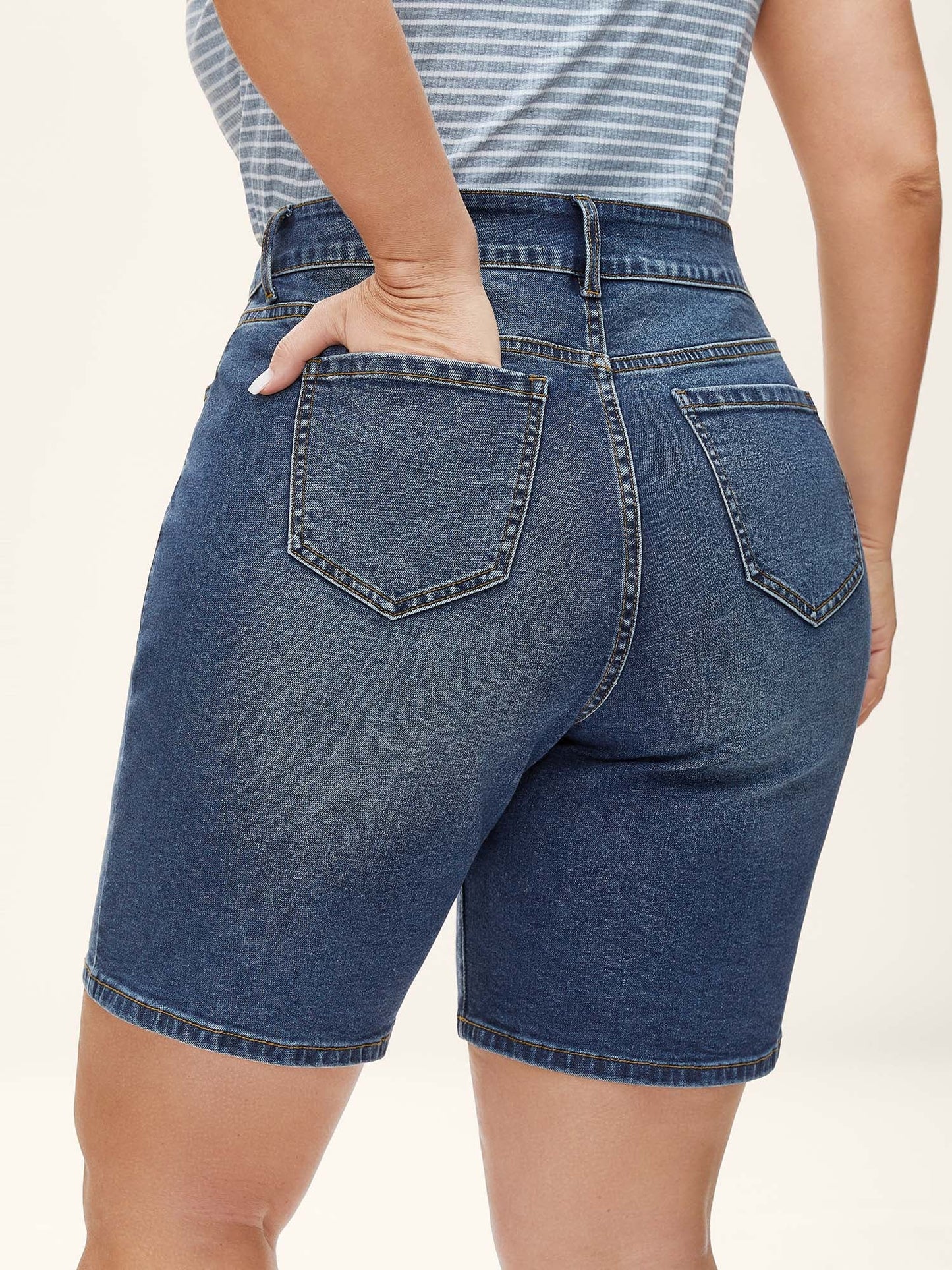 Stretch Straight-Leg Faded Denim Shorts