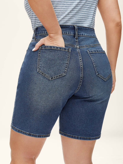 Stretch Straight-Leg Faded Denim Shorts