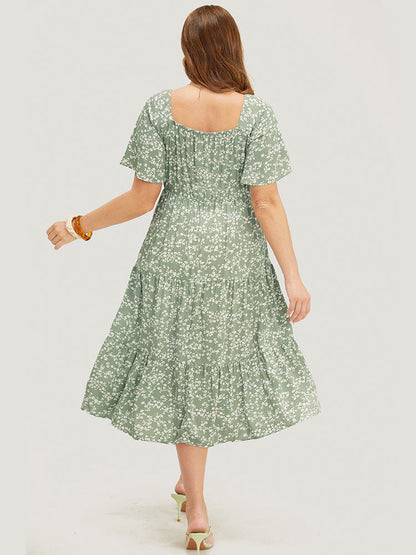 Ditsy Floral Sweetheart Drawstring Pocket Tiered Dress