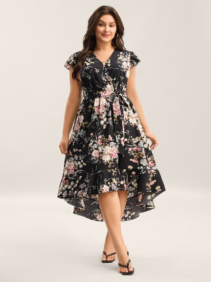 Midnight Blooms Wrap A-Line Midi Dress